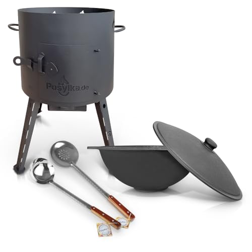 Utschak Feuerofen mit Gusseisen Topf flacher Boden mit Deckel 12 L Ø 40 cm Kazan Schaumlöffel für Plov 48 cm Schöpfkelle für Plov 48 cm Учаг Uchag казан Kasan Oven (Set 3)