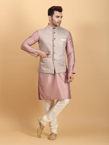 Image of Ethluxis Men Silk Blend Kurta Jacket Set with Mandarin Collar