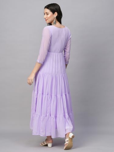 Image of RATAN Women's Solid Georgette Tiered Chikankari Flared Kurti Gown Maxi Dress