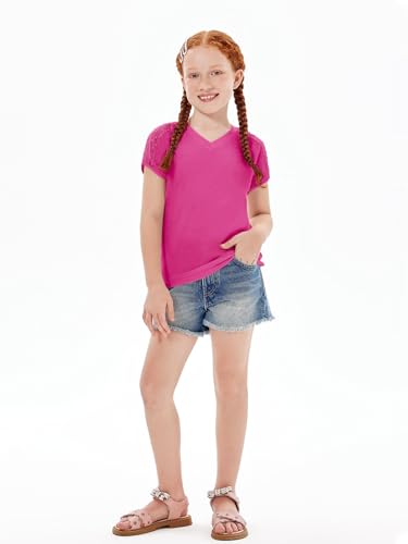 Image of Haloumoning Girls V Neck T-Shirts Kids Summer Swiss Dot Short Sleeve Tops Cute Fashion Tees 5-14 Years