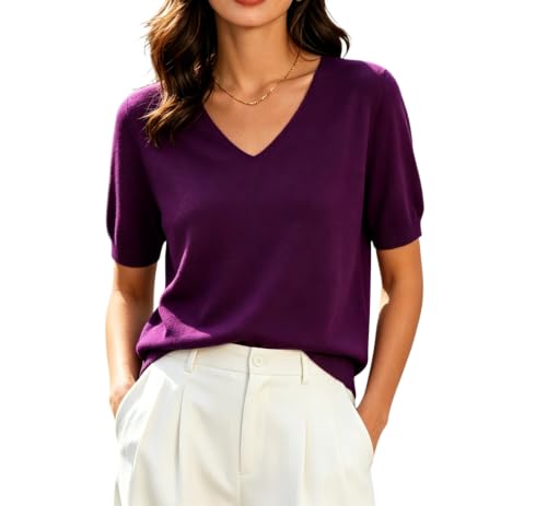 Image of DAIMIDY Women's Short Sleeve Sweater V Neck Summer Knit Tops