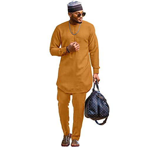SEA&ALP Men’s 2 Piece Suit Set Casual Long Sleeve Dashiki Shirt and Pants Outfit Loose Simple African Tracksuit