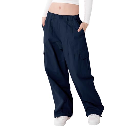 Image of Rolanko Girls Cargo Pants Wide Leg Streetwear Kids Pants with Pockets Trendy Jogger Trousers 4-14 Years