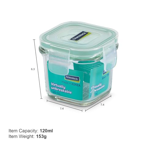 Glasslock Korea Tempered Glass Storage Containers with Lid - Classic 120ml Square - Airtight Food Storage Kitchen Container - Office Lunch Tiffin Box/Bowl, Microwave/Dishwasher/Fridge/Freezer Safe