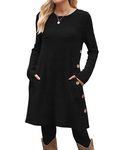 Image of OFEEFAN Long Sleeve Dress for Women Crew Neck Fall and Winter Tunic Dress with Pockets