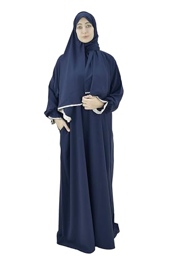One Piece Prayer Dress for Women Premium Crepe Fabric Isdal with Attached Scarf & Pocket Lightweight Islamic Salah Wear (NavyBlue (150 cm) Length)