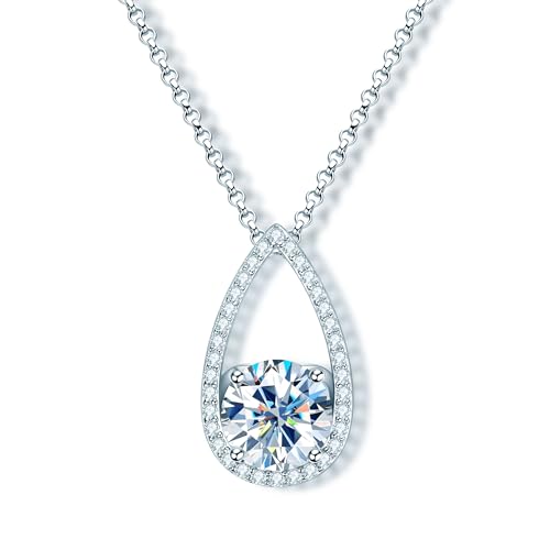 AINUOSHI 925 Sterling Silver Moissanite Necklace for Women 1CT/2CT/3CT D Color VVS1 Clarity Round Cut Moissanite Halo Set on Pear Shape Heart Back Pendant Necklace with GRA Certificate, Birthday Gift, Anniversary Present, Jewelry Gifts for Wife, Girlfriend, Mom