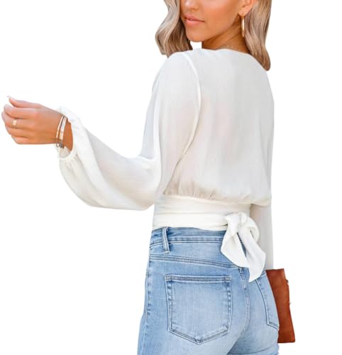 LYANER Women's Deep V Neck Long Sleeve Tie Front Knot Sexy Wrap Crop Top Blouse2