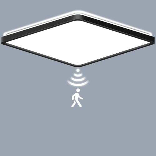 LEZOE LED Deckenleuchte mit Bewegungsmelder, 24W 2400LM Radar Sesor LED Deckenlampe Dimmbar, 3000K/4000K/6500K Sensorleuchte Für Badezimmer, Garage, Treppen, Keller, Flur, Balkon, Diele 30CM Schwarz