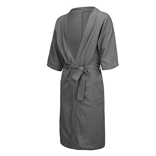 Soluo Men's Loose Kimono Robe Linen Woven Bathrobe Casual Clothing Pajamas V Neck Long Gown Nightgown Loungewear3