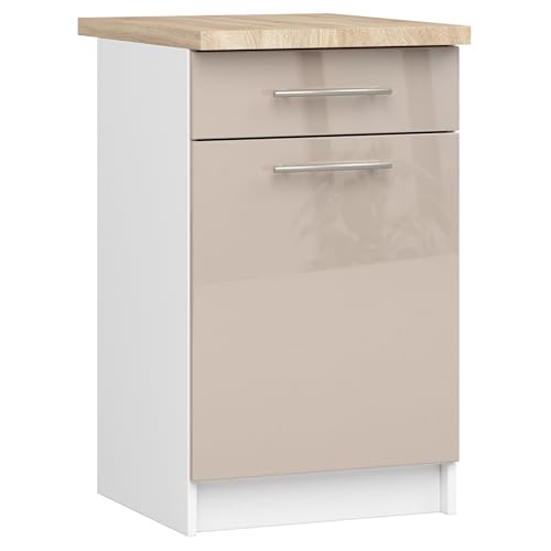 AKORD | Küchenschrank mit Arbeitsplatte - Oliwia S50 | Küchenunterschrank mit Tür, Schublade und 2 Einlegeböden | Unterschrank Küche 50 cm Breit | ABS 18 mm | 46 x 50 x 85 cm | Weiß & Cappuccino Glanz AKORD | Küchenschrank mit Arbeitsplatte - Oliwia S50 | Küchenunterschrank mit Tür, Schublade und 2 Einlegeböden | Unterschrank Küche 50 cm Breit | ABS 18 mm | 46 x 50 x 85 cm | Weiß & Cappuccino Glanz