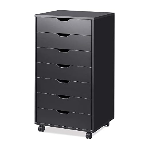 DEVAISE 7-Drawer Chest, Wood Storage Dresser Cabinet with Wheels, Black