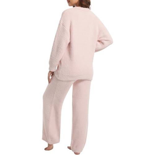 Image of BOSECETA 2 Piece Fleece Pajamas for Women Set Loungewear Outfits Knit Sweater Womens Long Sleeve Fuzzy Pajama Sets