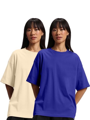 Image of JUNEBERRY Pure Cotton Drop Shoulder Oversized Baggy Fit Half Sleeve Plain Solid Round Neck Multicolor T-Shirt for Women & Girls (Pack of 2) (Sizes S-2XL)