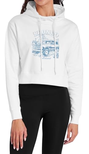 Popfunk Ford Bronco Desert Blue Mono Womens Cropped Hoodie Pullover Sweatshirt White Medium