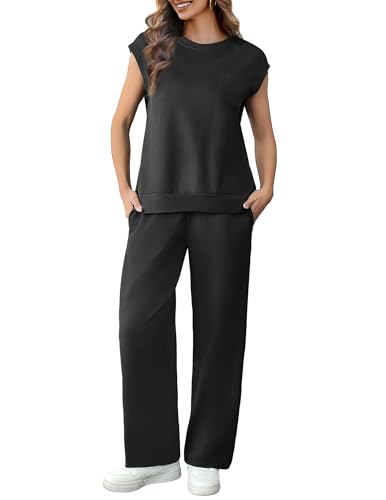 PINSPARK 2 Piece Sets for Women Summer Lounge Set Cap Sleeves Sweatsuit Cropped Wide Leg Pants 2025 Matching Travel Tracksuit