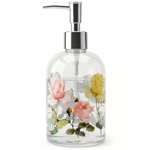 Topadorn 17oz Glass Soap Dispenser with Pump Refillable Hand Soap Dispenser for Bathroom & Kitchen Sink Vintage Rose & Butterfly Floral Design Decorative Farmhouse Countertop Decor
