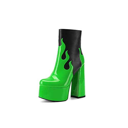 Frankie Hsu Women's Large Size Black Neon Green Patent Leather Flame Fire Sexy Platform Chunky Block High Heels Ankle Heeled Bootie Shoes
