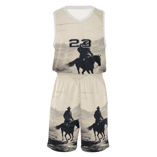 FLildon Western Cowboy Black Boys Basketball Jersey Set Tank Top Shorts Tracksuit Sport Training Suit for Kids, XXL