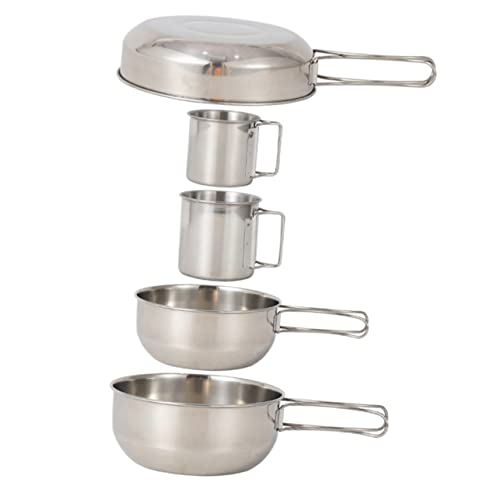 ifundom 5Pcs Stainless Steel Camping Tableware Set Lightweight Pot and Cup for Outdoor Picnics BBQ Fishing Hiking Durable Easy to Clean Stackable Design for Convenient