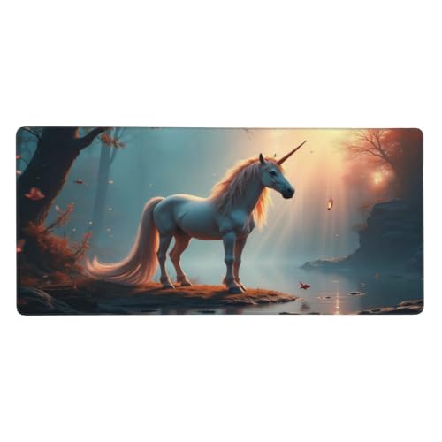 Grand tapis de souris de jeu – Base en caoutchouc imprimé cheval blanc magique, sous-main de bureau avec bords cousus, tapis de souris pour ordinateur...