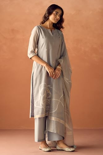 Image of FIORRA Women Grey Cotton Jacquard Woven Kurta Set with Dupatta