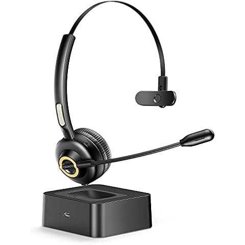 Bluetooth Headset with Microphone, Trucker Bluetooth Headset Noise Cancelling Microphone with Charging Base, Hands-Free Wireless Headphones for Cell Phones PC Laptop Home Office Call Center Skype Cover