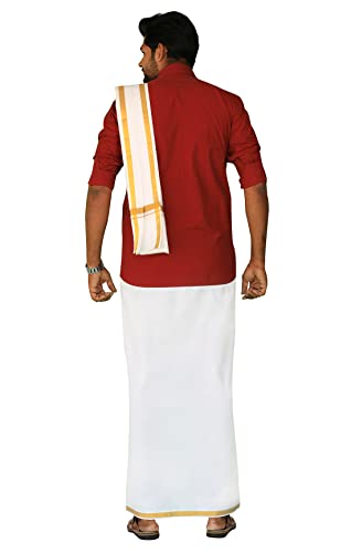 Image of PRAKASAM COTTON Mens Flexi size welcro pocket Readymade dhoti with golden Jari border + Matching Jari Cotton Single towel set only (shirt not included)