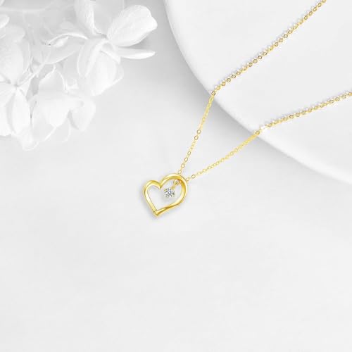 14k Solid Gold Heart Necklace for Women, Solid Gold Chain and 0.1 Carat Lab-Grown Diamonds Yellow Gold Pendant Necklaces for Her, Anniversary Jewelry Present for Wife, Gifts for Mother,16"+1"+1"4