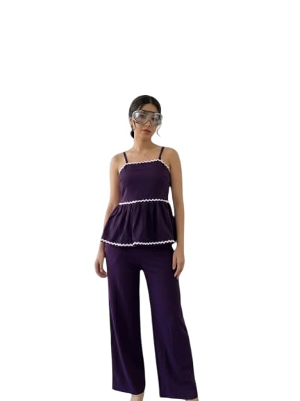 Women's Western Coord Set, Spaghetti Strap Peplum Top with Wide-Leg Pants, Ric Rac Trim DetailBLACK,BROWN,PURPLE SIZE(M,L,XL,XXL)-image-20