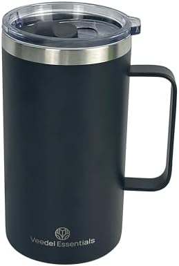 Insulated Coffee Mug with Handle, 24oz Stainless Steel Travel Cup, Powder Coated, Leak-Proof Lid, Black and White (Black) image 3