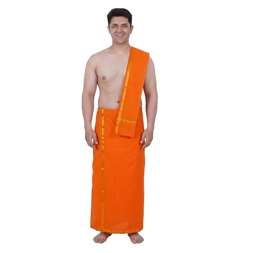 Image of PRAKASAM COTTON Mens Colour Jari Cotton dhoti and Angavastram Set (1.30X2.00 Meter Dhoti, 36X1.80 towel)