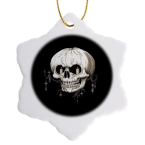 3 inch Snowflake Porcelain Ornament - Jack O Lantern Cranium Lantern Halloween Gothic Vector Art - Halloween Skull