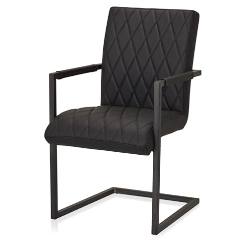 KHG Esszimmerstuhl Schwingstuhl mit Armlehnen Schwarz Leder | Freischwinger bis 110 kg - Küchenstuhl, Schwingstuhl, Polsterstuhl mit...