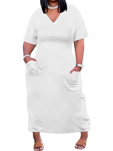 Image of All White Plus Size Maxi Tshirt Dress for Curvy Women Casual Summer Outfits Dresses Sundresses with Pockets 4XL