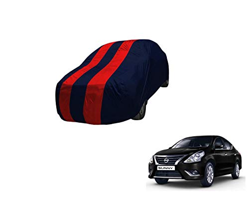 Image of Auto Hub Car Cover Compatible with Sunny with Mirror Pocket,Triple Stitched, Weather Proof, Sunny Car Cover- Navy-Red