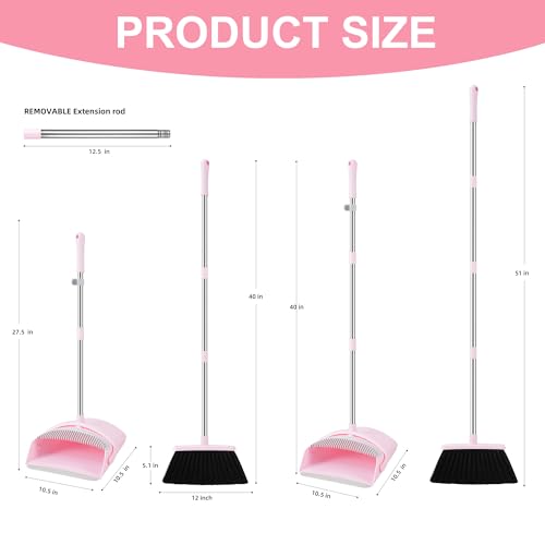 Image of BSKLIN Broom and Dustpan Set for Home, 52 inch Long Handle Broom with Dustpan Combo Set with Dust Pan Teeth to Clean Hair Sweeping Set for Kitchen Hardwood Floors Pet Hair (Pink)