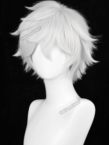 Image of Half and Half Short White Wig for Men Silver White Male Anime Cosplay Wig Light Gray Spiky Layered Wigs with Bangs for Unisex Women Halloween Party Daily Costumes