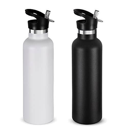 Volhoply 750ml Insulated Water Bottles Bulk 2 Pack,Stainless Steel Double Wall Sport Bottle with Straw Lid,Metal Reusable Cup with Hand Cap for Cyclists,Hikers (Mix Color