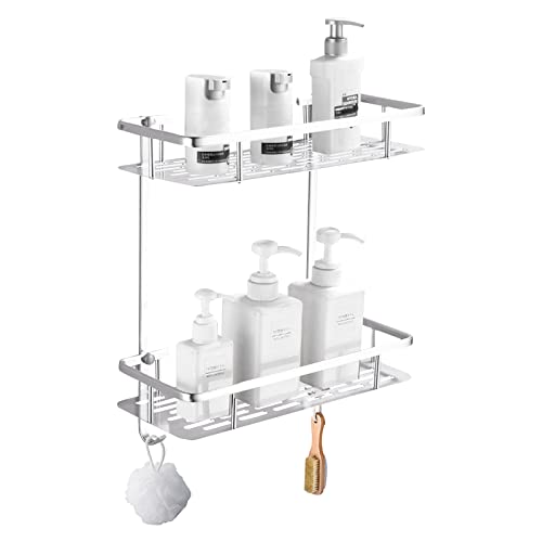 Estante de ducha sin taladrar, estante de ducha para baño sin taladrar, estante para especias, para baño, estante de pared de acero inoxidable (plata - doble capa) Cover