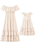 AWIBMK Mother Daughter Matching Boho Mommy and Me Dress Summer Casual Off Shoulder Smocked Tiered A-Line Maxi Dress Apricot 5-6 Years