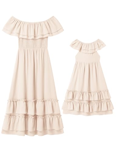 AWIBMK Mother Daughter Matching Boho Mommy and Me Dress Summer Casual Off Shoulder Smocked Tiered A-Line Maxi Dress