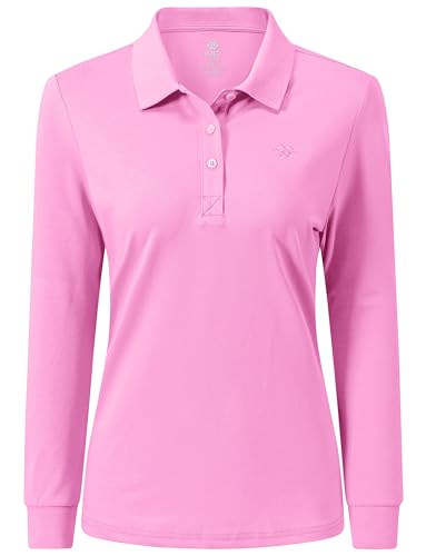 MoFiz Women's Long Sleeve Polo Shirts Lady-fit Golf Tennis Top Cotton Casual Work Golf Gym Active Sport Shirt with Buttons Pink Size US XS