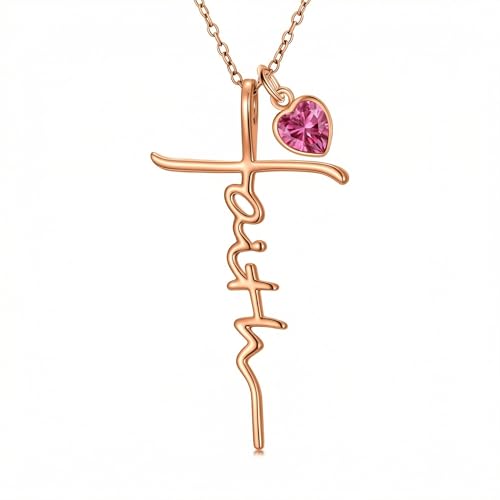 OJK Cross Necklace for Women Faith Necklaces Pink Tourmaline October Birthstone Jewelry Anniversary Birthday Gifts for Wife Mom Girlfriend First Communion Confirmation Christian Gift