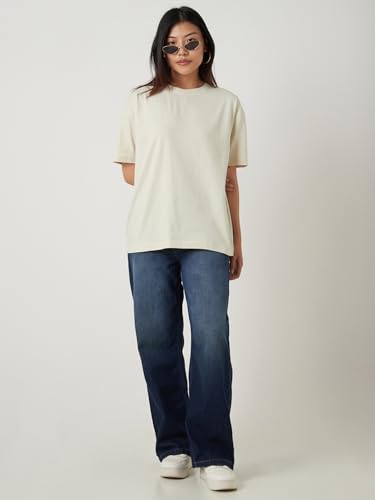 Image of Bewakoof Women's Solid Oversized Fit Half Sleeve Round Neck Cotton Jersey T-Shirt
