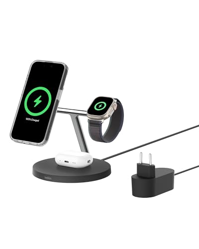Belkin BoostCharge ładowarka Qi2 3 w 1, stacja do ładowania bezprzewodowego zgodna z MagSafe, ładowarka Qi2 do urządzeń Apple iPhone serii 16, Apple Watch i AirPods, zasilacz w zestawie – czarna