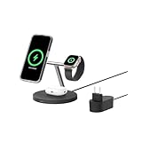 Belkin BoostCharge Station de Recharge 3-en-1 avec Qi2, Chargeur MagSafe Compatible pour Les modèles de l'iPhone 17, iPhone Air, Apple Watch, AirPods, Pixelsnap, Adaptateur Inclus - Noir