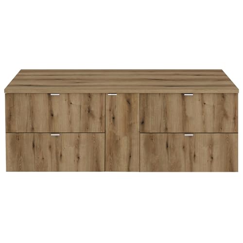 Lomadox Double lavabo de salle de bain 140 cm, chêne, faible profondeur (40 cm)