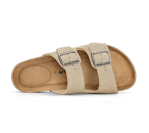 Image of mysoft Womens Flat Sandals Cork Footbed Slides with 2 Straps | Adjustable Buckle Slip On Comfortable Casual Light Weight Summer sandals