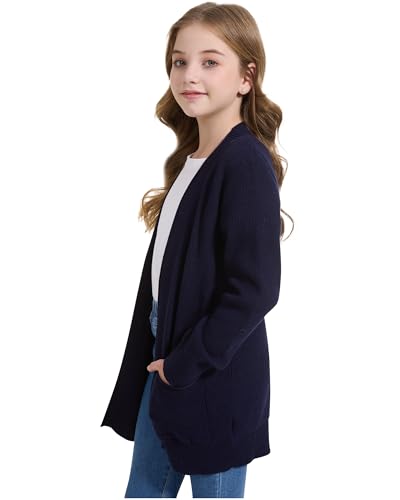 Image of WULFUL Girls Long Sleeve Cardigan Kids Casual Open Front Oversized Sweater with Pockets